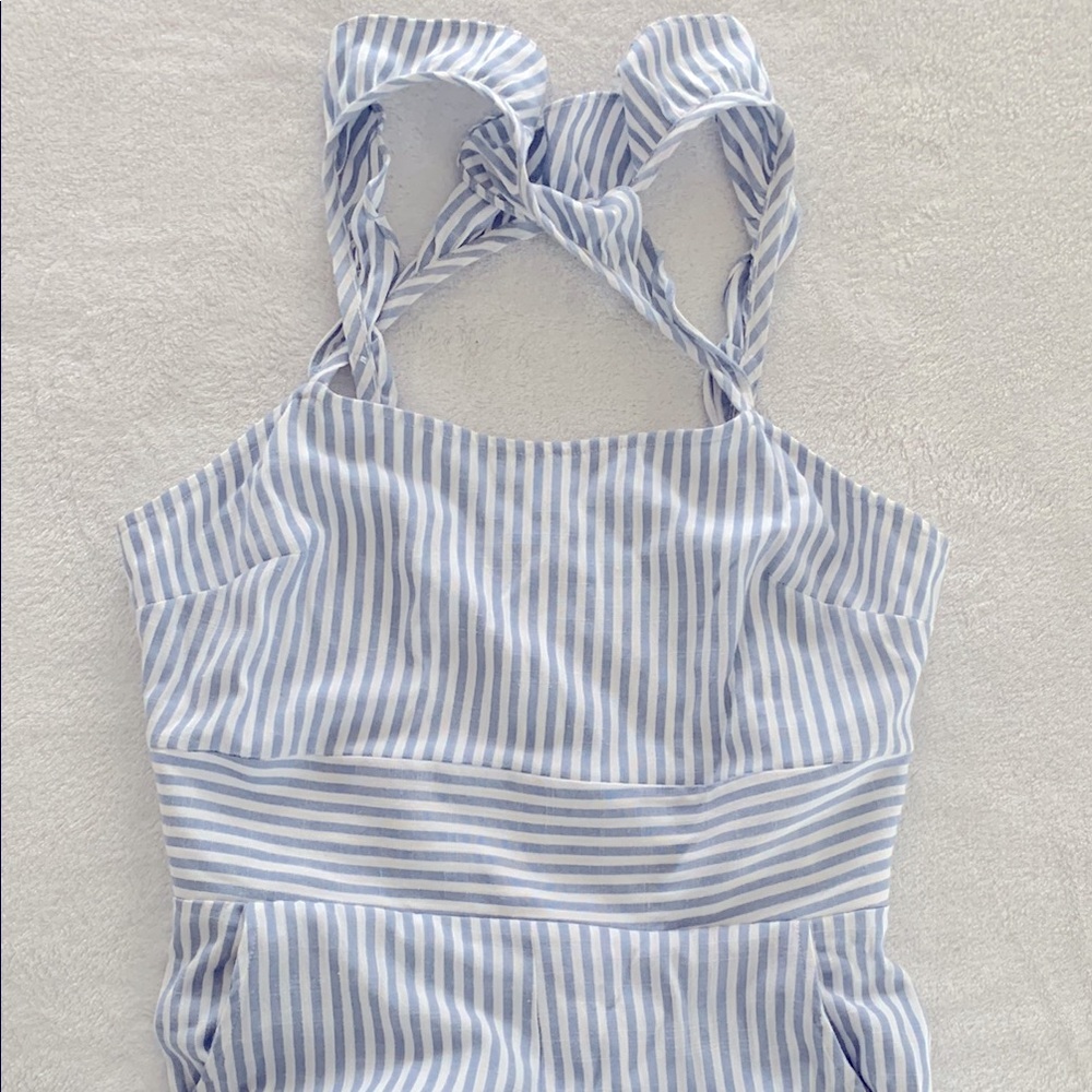 Altar'd State Striped Twisted and Ruffled Strap Jumpsuit